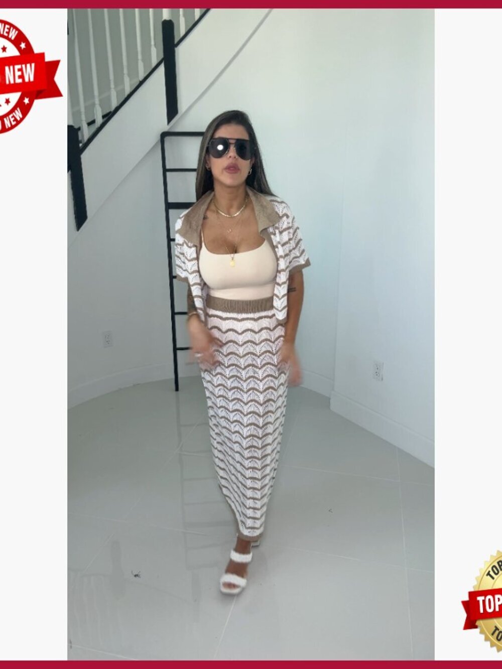 Striped Crochet Cover Up Set, Crop Top Maxi Skirt, Beachwear Outfit - Picture 7 of 7